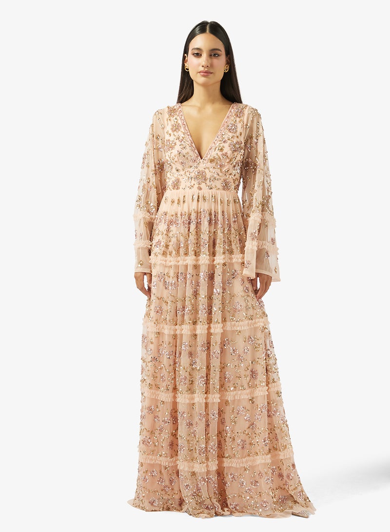 مايا فستان ماكسي طويل الأكمام مزين بكشكشة فاخرة - Image 1